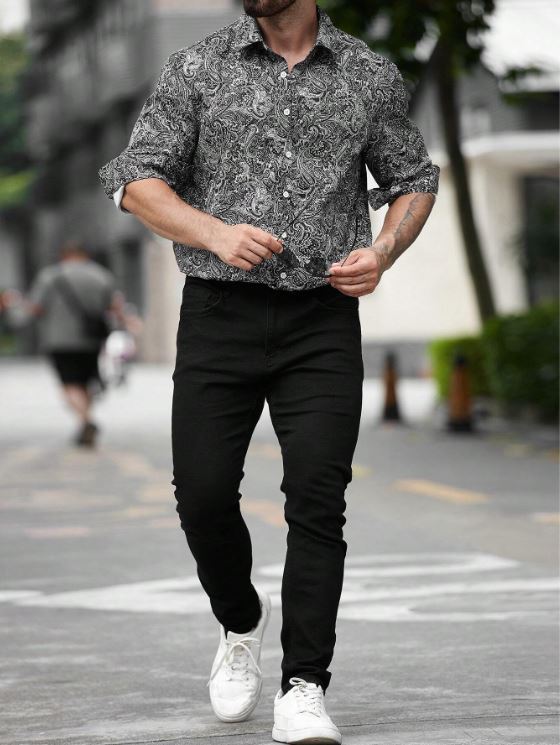 Men’s Midnight Paisley Long-Sleeve Button-Down – Monochromatic Artisan Print Slim-Fit Shirt