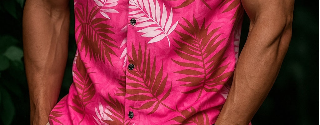 Men’s Electric Magenta Palm Button-Down – Bold Pink & Sand Short-Sleeve Tropical Resort Shirt