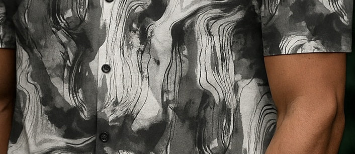 Men’s Topographic Flow Button-Down – Charcoal & Ash Abstract Marble Short-Sleeve Shirt