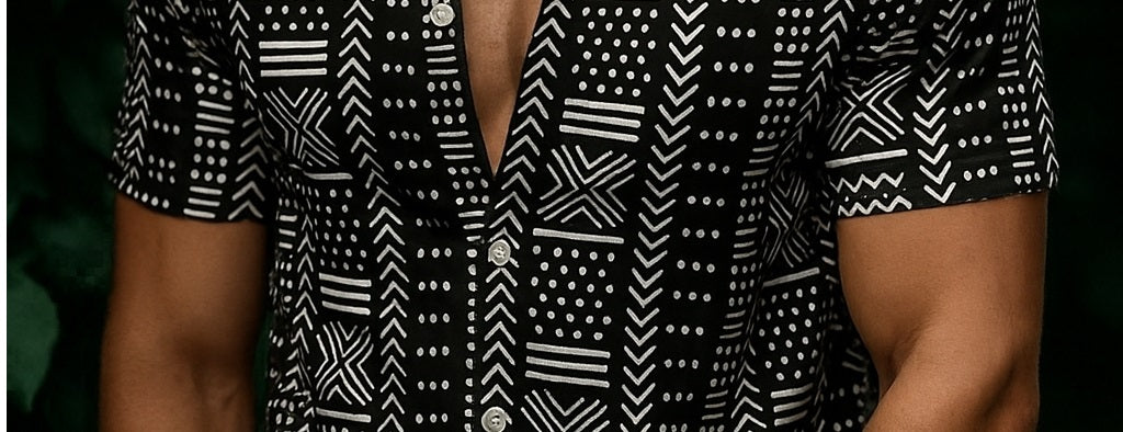 Men’s Tribal Geometric Motif Button-Down – Onyx & Ivory Short-Sleeve Heritage Print Shirt