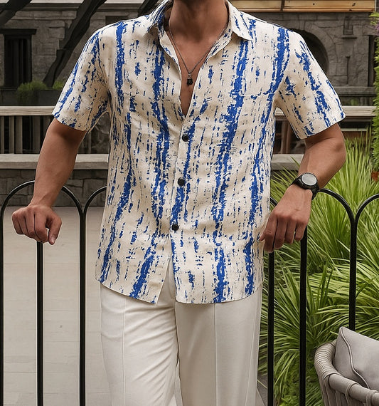 Men’s Abstract Distressed Stripe Button-Down – Navy & Oat Industrial Print Short-Sleeve Shirt