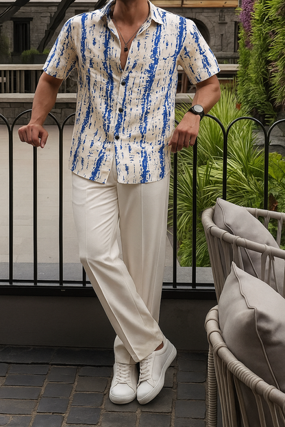 Men’s Abstract Distressed Stripe Button-Down – Navy & Oat Industrial Print Short-Sleeve Shirt