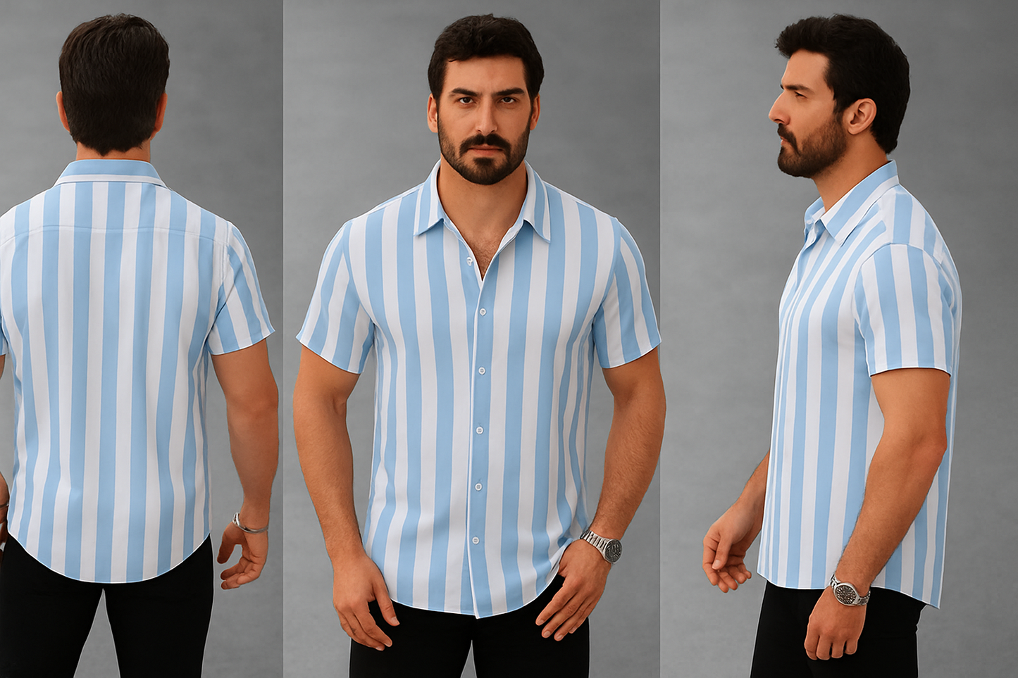 Sky Blue & White Striped Short Sleeve Shirt