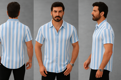 Sky Blue & White Striped Short Sleeve Shirt