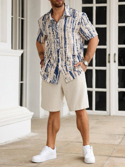 Men’s Abstract Distressed Stripe Button-Down – Navy & Oat Industrial Print Short-Sleeve Shirt