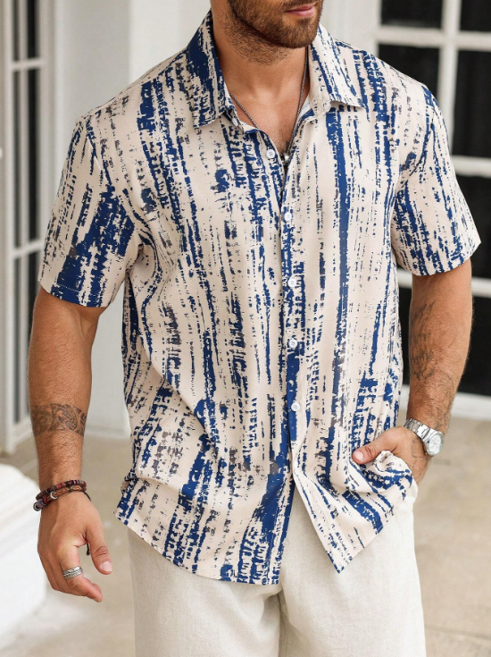 Men’s Abstract Distressed Stripe Button-Down – Navy & Oat Industrial Print Short-Sleeve Shirt