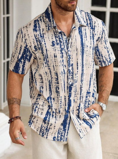 Men’s Abstract Distressed Stripe Button-Down – Navy & Oat Industrial Print Short-Sleeve Shirt