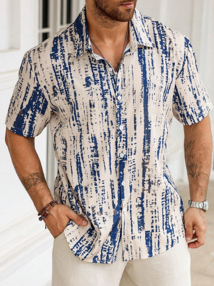 Men’s Abstract Distressed Stripe Button-Down – Navy & Oat Industrial Print Short-Sleeve Shirt
