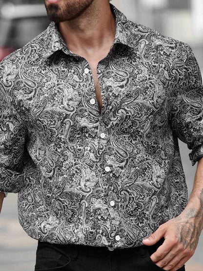 Men’s Midnight Paisley Long-Sleeve Button-Down – Monochromatic Artisan Print Slim-Fit Shirt