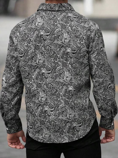 Men’s Midnight Paisley Long-Sleeve Button-Down – Monochromatic Artisan Print Slim-Fit Shirt