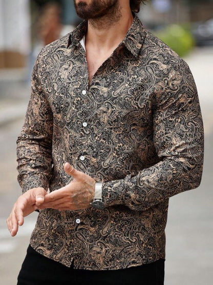 Men’s Bronze Heritage Paisley Long-Sleeve Button-Down – Warm Caramel & Onyx Artisan Print Shirt