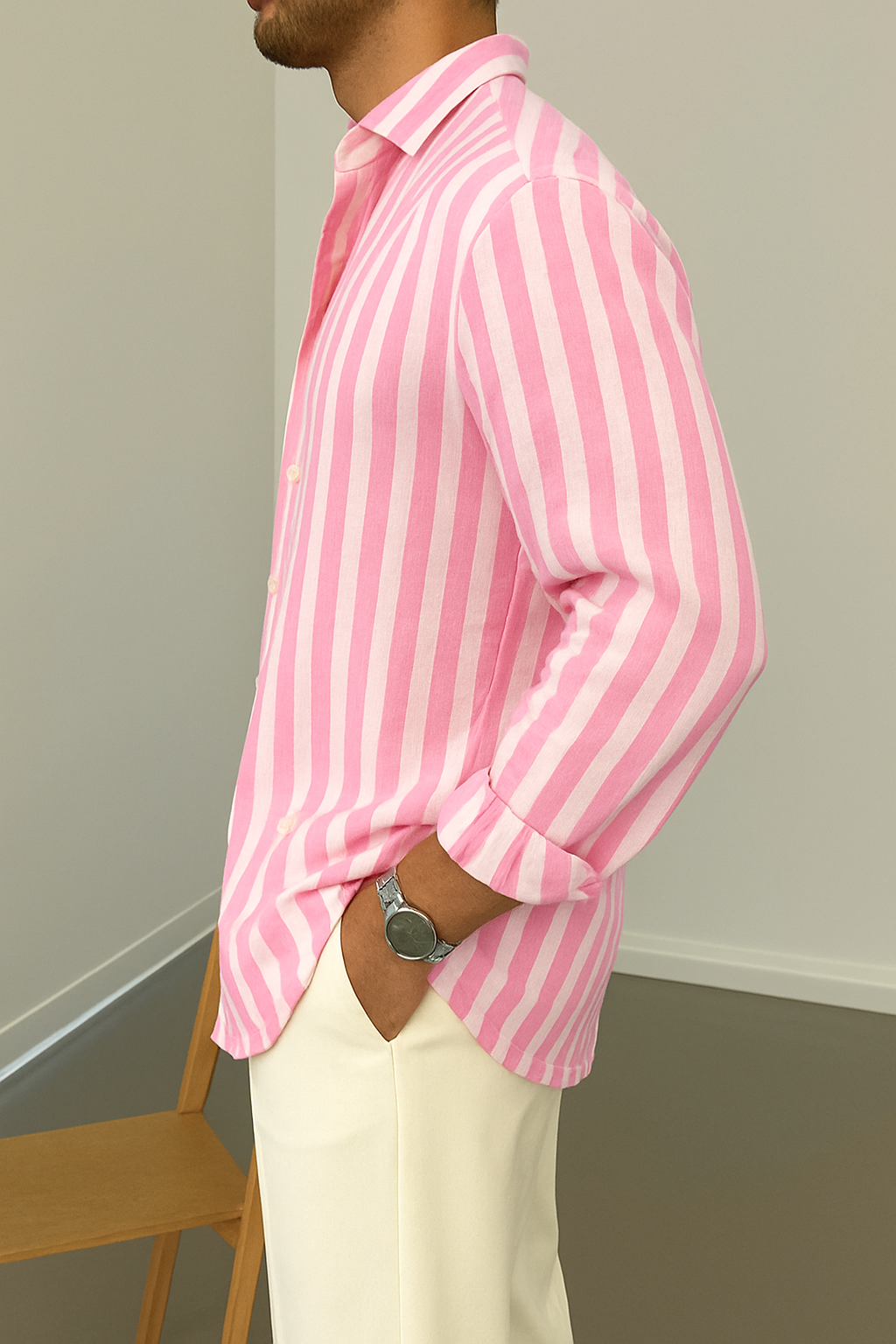 Pink & White Striped Full Sleeve Shirt