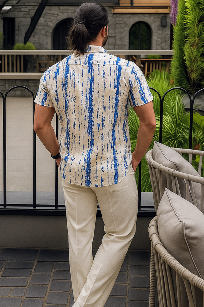 Men’s Abstract Distressed Stripe Button-Down – Navy & Oat Industrial Print Short-Sleeve Shirt