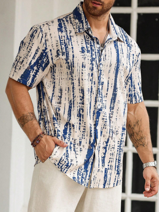Men’s Abstract Distressed Stripe Button-Down – Navy & Oat Industrial Print Short-Sleeve Shirt