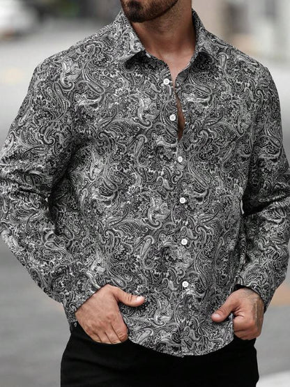 Men’s Midnight Paisley Long-Sleeve Button-Down – Monochromatic Artisan Print Slim-Fit Shirt