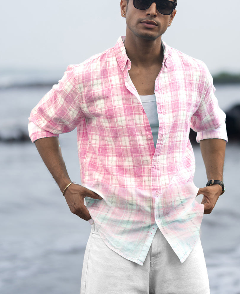 Men's Rose & Mint Dip-Dye Checkered Button-Down