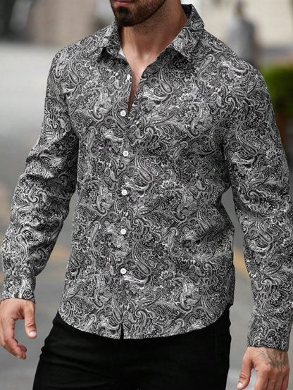 Men’s Midnight Paisley Long-Sleeve Button-Down – Monochromatic Artisan Print Slim-Fit Shirt