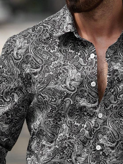 Men’s Midnight Paisley Long-Sleeve Button-Down – Monochromatic Artisan Print Slim-Fit Shirt