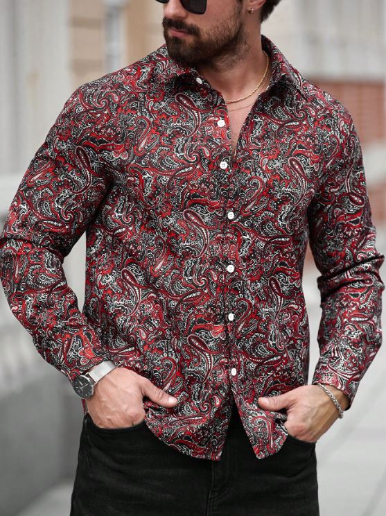Men’s Crimson Royale Paisley Button-Down – Vibrant Red & Charcoal Long-Sleeve Artisan Shirt