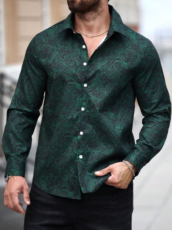 Men’s Deep Forest Paisley Button-Down – Emerald & Onyx Intricate Print Short-Sleeve Shirt