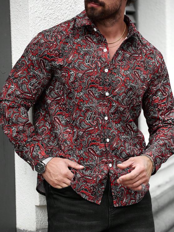 Men’s Crimson Royale Paisley Button-Down – Vibrant Red & Charcoal Long-Sleeve Artisan Shirt