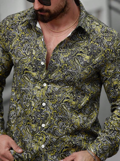 Men’s Electric Citrus Paisley Button-Down – Bold Yellow & Onyx Intricate Long-Sleeve Shirt
