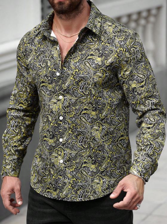 Men’s Electric Citrus Paisley Button-Down – Bold Yellow & Onyx Intricate Long-Sleeve Shirt