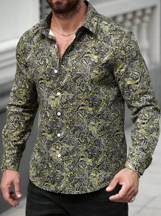 Men’s Electric Citrus Paisley Button-Down – Bold Yellow & Onyx Intricate Long-Sleeve Shirt