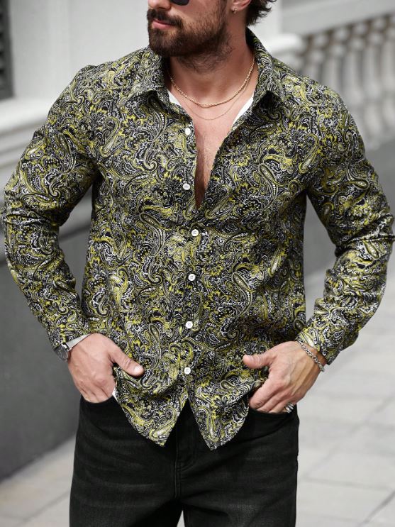 Men’s Electric Citrus Paisley Button-Down – Bold Yellow & Onyx Intricate Long-Sleeve Shirt