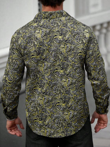 Men’s Electric Citrus Paisley Button-Down – Bold Yellow & Onyx Intricate Long-Sleeve Shirt