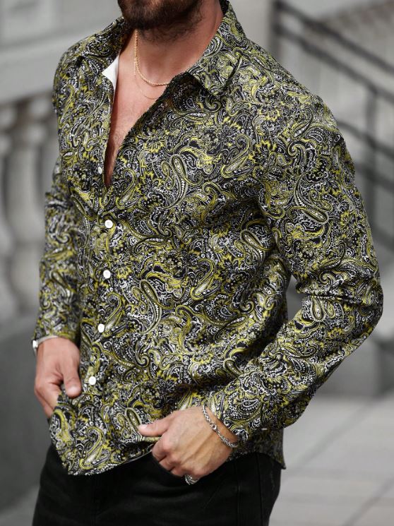 Men’s Electric Citrus Paisley Button-Down – Bold Yellow & Onyx Intricate Long-Sleeve Shirt