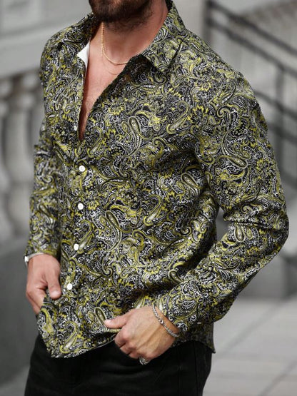 Men’s Electric Citrus Paisley Button-Down – Bold Yellow & Onyx Intricate Long-Sleeve Shirt