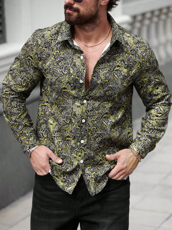 Men’s Electric Citrus Paisley Button-Down – Bold Yellow & Onyx Intricate Long-Sleeve Shirt
