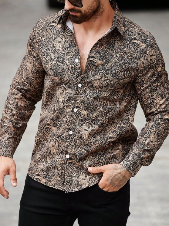 Men’s Bronze Heritage Paisley Long-Sleeve Button-Down – Warm Caramel & Onyx Artisan Print Shirt