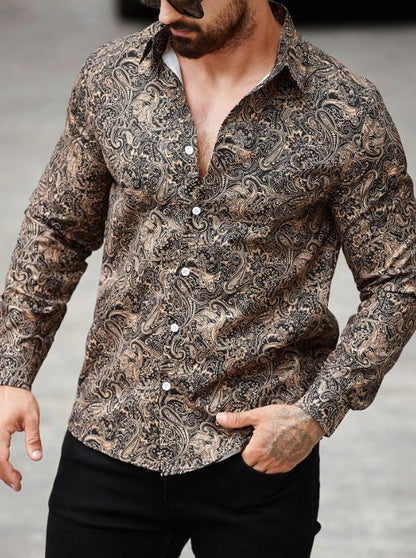 Men’s Bronze Heritage Paisley Long-Sleeve Button-Down – Warm Caramel & Onyx Artisan Print Shirt