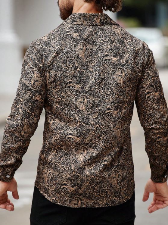 Men’s Bronze Heritage Paisley Long-Sleeve Button-Down – Warm Caramel & Onyx Artisan Print Shirt