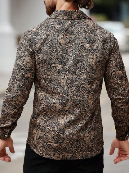 Men’s Bronze Heritage Paisley Long-Sleeve Button-Down – Warm Caramel & Onyx Artisan Print Shirt