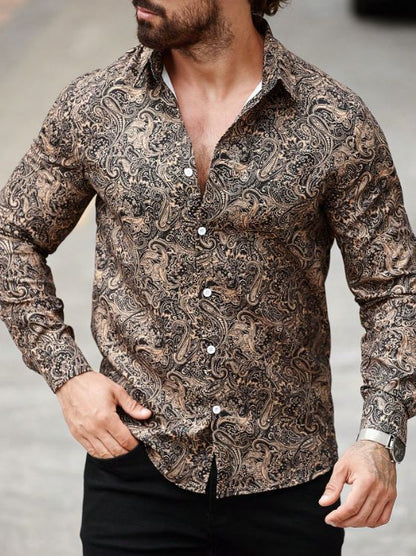 Men’s Bronze Heritage Paisley Long-Sleeve Button-Down – Warm Caramel & Onyx Artisan Print Shirt