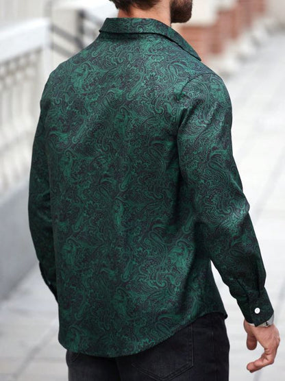 Men’s Deep Forest Paisley Button-Down – Emerald & Onyx Intricate Print Short-Sleeve Shirt
