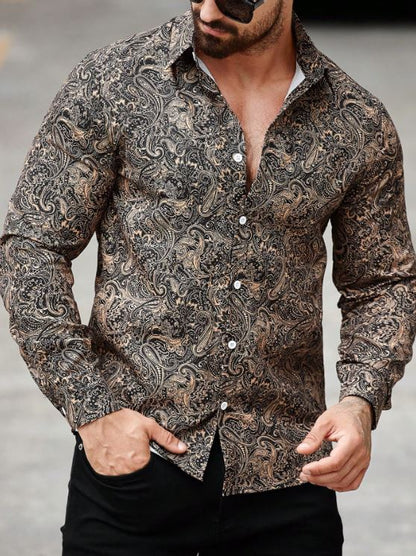 Men’s Bronze Heritage Paisley Long-Sleeve Button-Down – Warm Caramel & Onyx Artisan Print Shirt