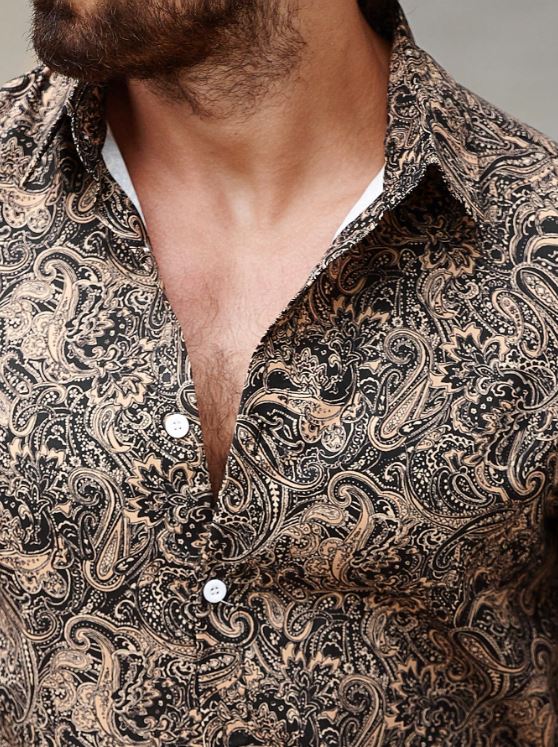 Men’s Bronze Heritage Paisley Long-Sleeve Button-Down – Warm Caramel & Onyx Artisan Print Shirt