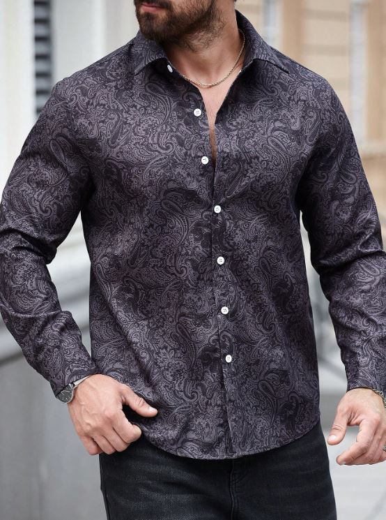 Men’s Shadow Paisley Long-Sleeve Button-Down – Slate Charcoal Tonal Print Slim-Fit Shirt