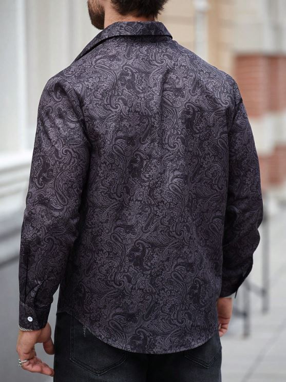 Men’s Shadow Paisley Long-Sleeve Button-Down – Slate Charcoal Tonal Print Slim-Fit Shirt