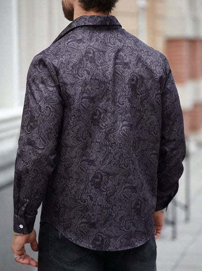Men’s Shadow Paisley Long-Sleeve Button-Down – Slate Charcoal Tonal Print Slim-Fit Shirt