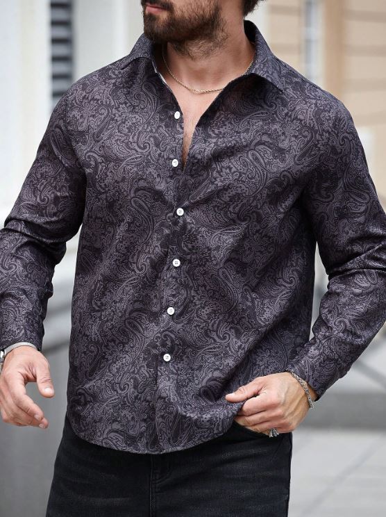 Men’s Shadow Paisley Long-Sleeve Button-Down – Slate Charcoal Tonal Print Slim-Fit Shirt