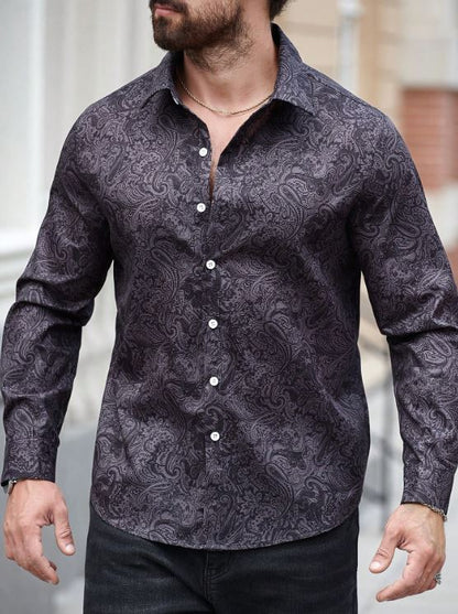 Men’s Shadow Paisley Long-Sleeve Button-Down – Slate Charcoal Tonal Print Slim-Fit Shirt