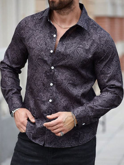 Men’s Shadow Paisley Long-Sleeve Button-Down – Slate Charcoal Tonal Print Slim-Fit Shirt
