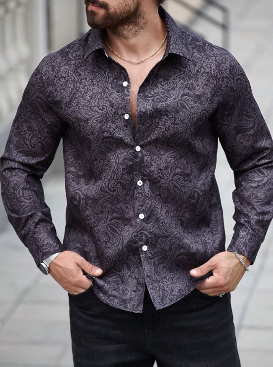 Men’s Shadow Paisley Long-Sleeve Button-Down – Slate Charcoal Tonal Print Slim-Fit Shirt