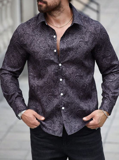 Men’s Shadow Paisley Long-Sleeve Button-Down – Slate Charcoal Tonal Print Slim-Fit Shirt