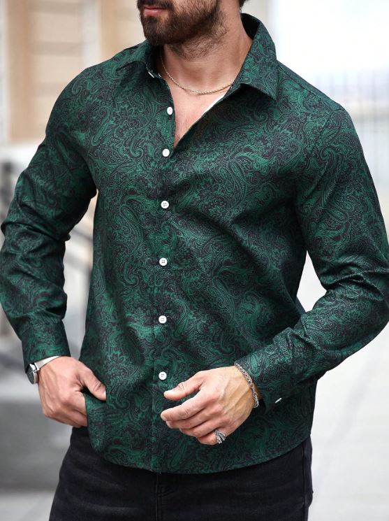 Men’s Deep Forest Paisley Button-Down – Emerald & Onyx Intricate Print Short-Sleeve Shirt